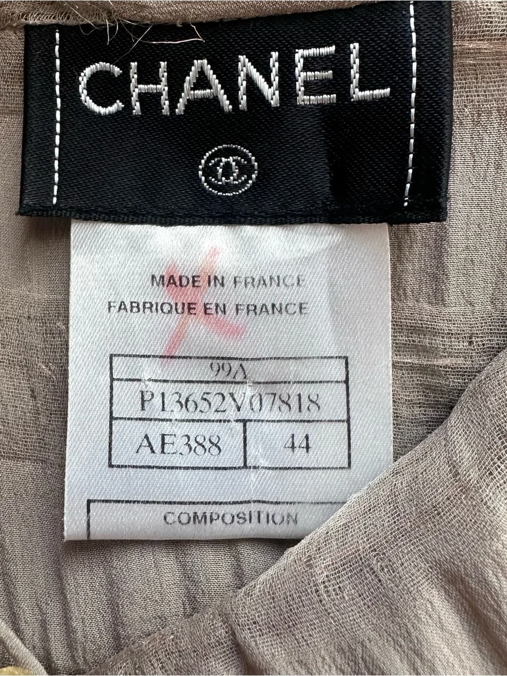 Vintage Chanel 1999A Silk Metallic Gauze Sailor Collar Blouse Taupe CC Button 44